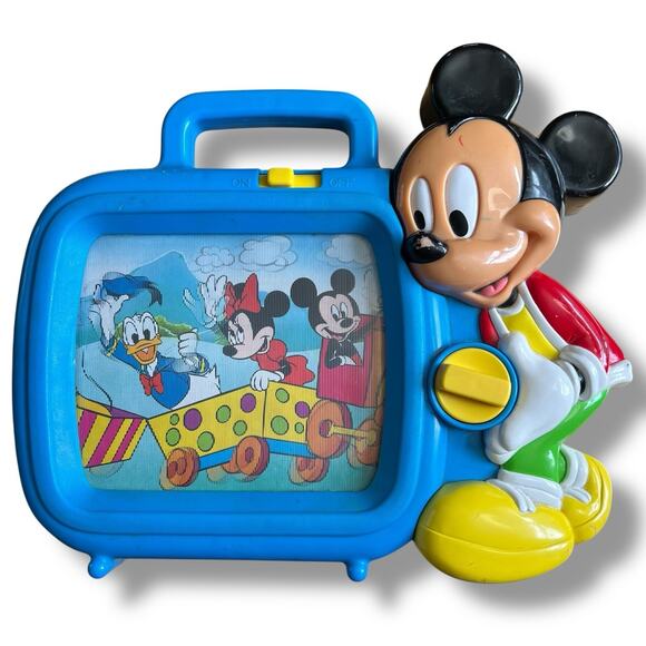 Vintage Disney Mickey Mouse Musical Box Scrolling Toy TV Wind Up Goofy Blue - Picture 1 of 9